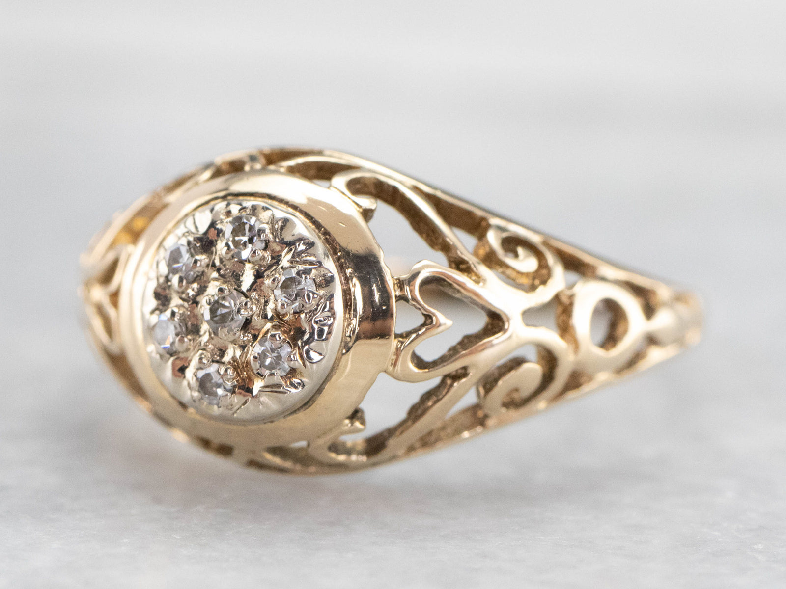 Gold Heart Filigree Diamond Cluster Ring