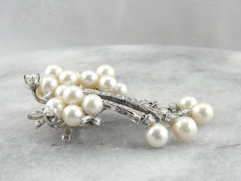 Edwardian Diamond and Pearl Brooch En Pendant, White Gold