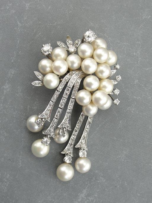 Edwardian Diamond and Pearl Brooch En Pendant, White Gold