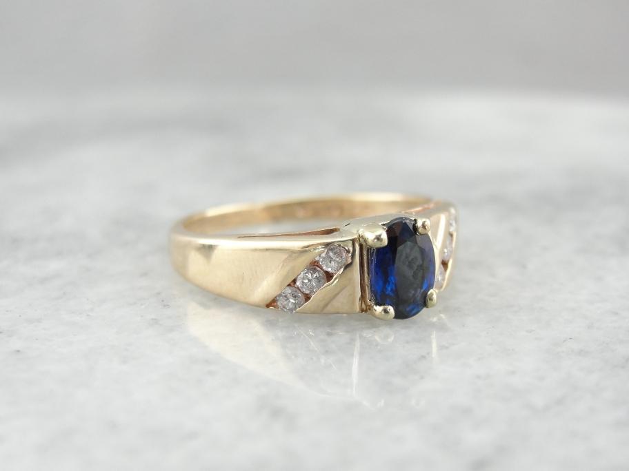 Deep Blue Sapphire and Diamond Ladies Ring