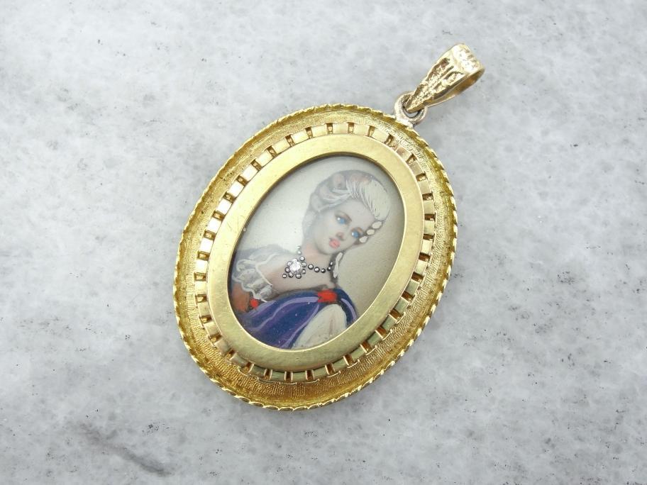Hand-Painted Antique Miniature Portrait in 18K Gold Pendant