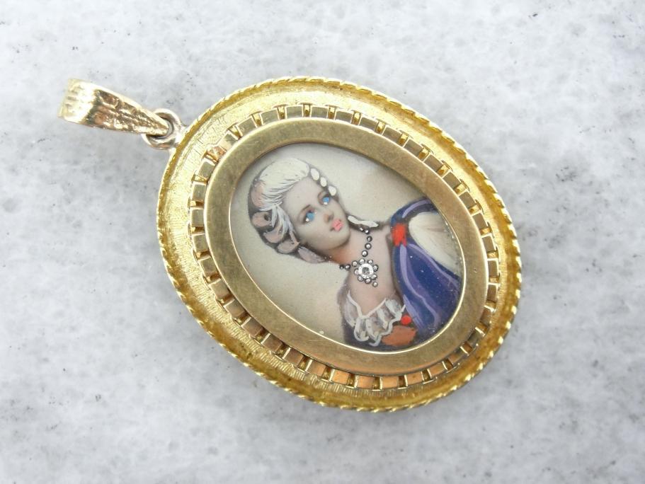 Hand-Painted Antique Miniature Portrait in 18K Gold Pendant