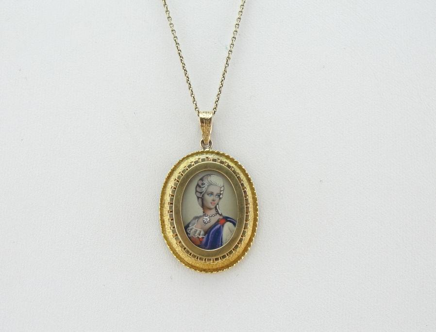 Hand-Painted Antique Miniature Portrait in 18K Gold Pendant
