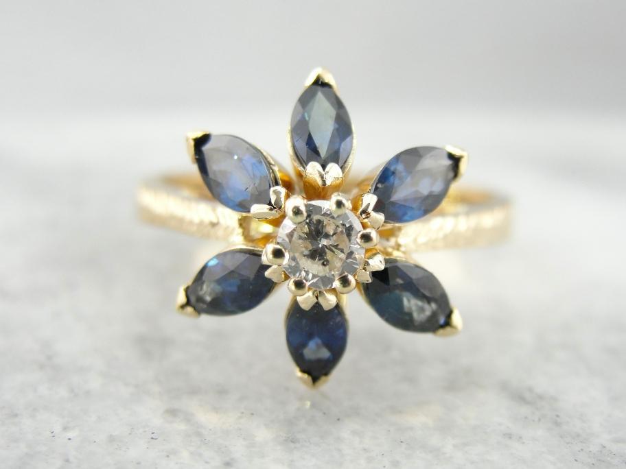 Vintage Sapphire and Diamond Flower Ring