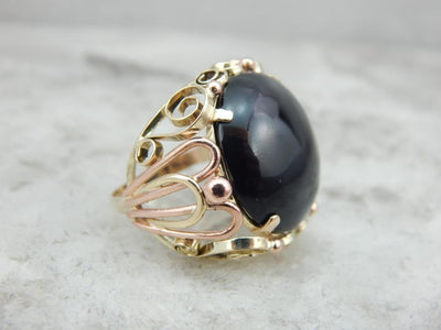 Vintage Tri Color Gold and Onyx Retro Era Cocktail Ring