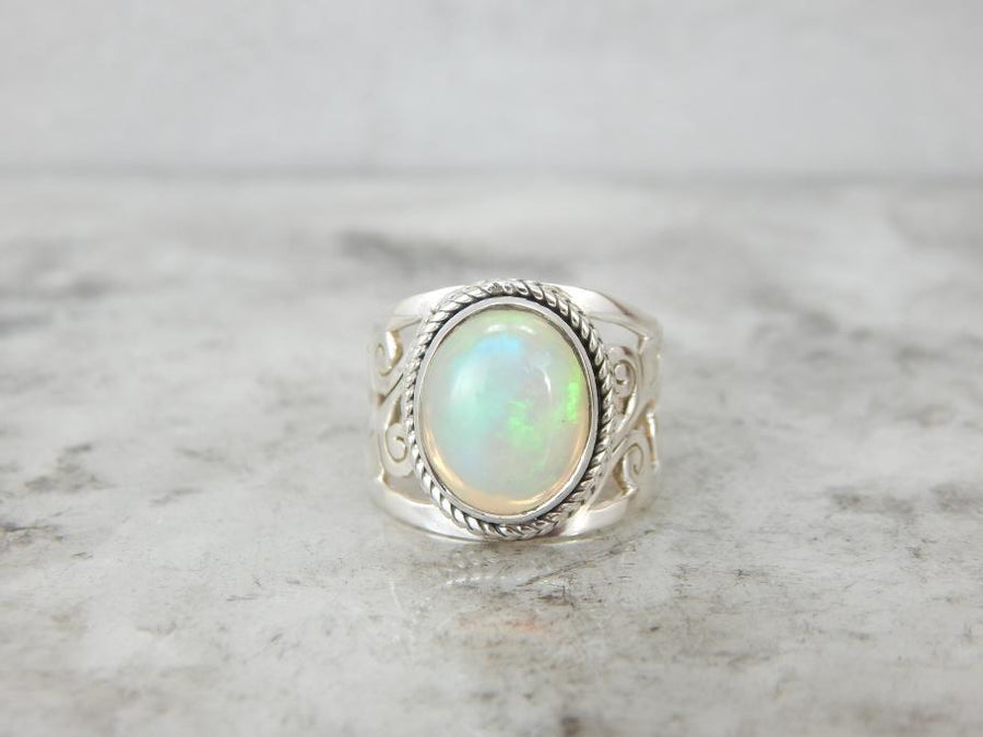 Botanical Opal Sterling Silver Wide Band Ring