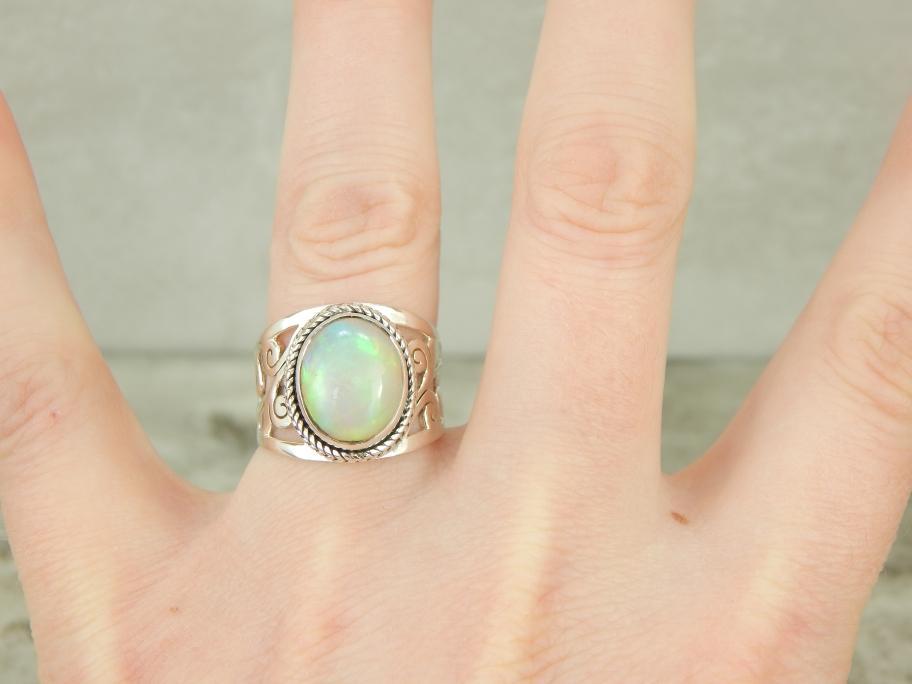 Botanical Opal Sterling Silver Wide Band Ring