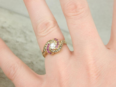 Antique Victorian Ruby and Marcasite Ring with Diamond Center