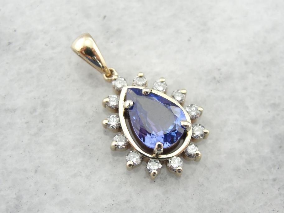 Brilliant Tanzanite Teardrop Pendant with Diamond Halo