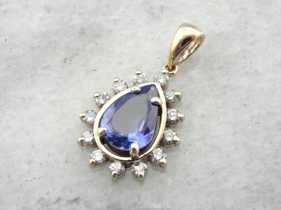 Brilliant Tanzanite Teardrop Pendant with Diamond Halo