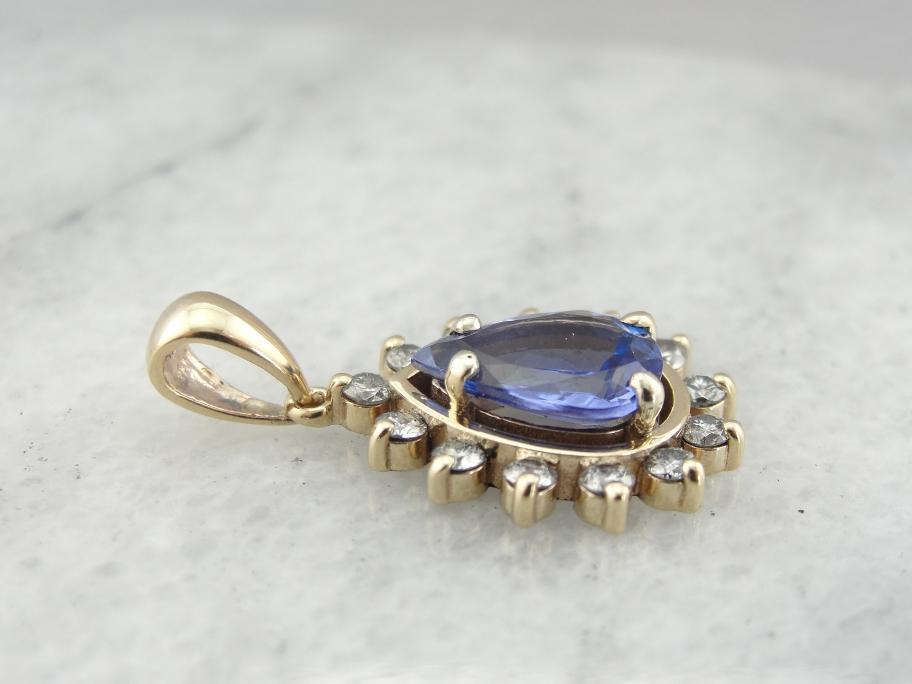 Brilliant Tanzanite Teardrop Pendant with Diamond Halo