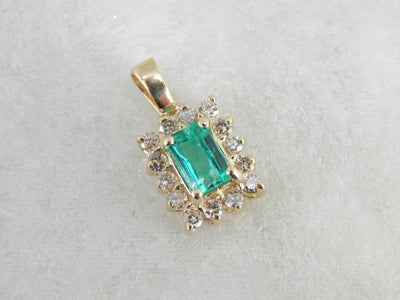 Colombian Emerald Gemstone Pendant with Divine Diamond Halo