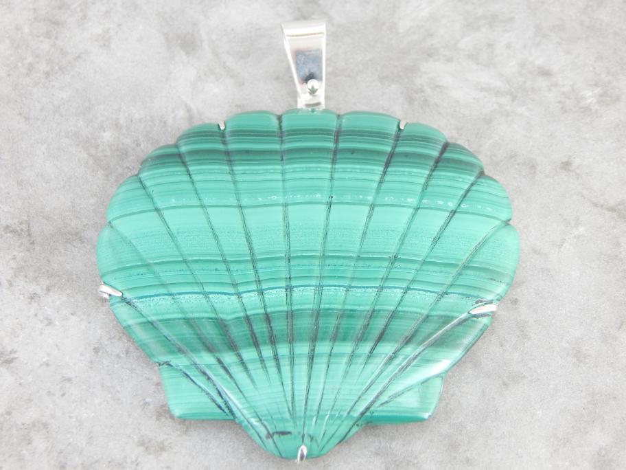 Large Malachite Carved Scallop Shell Pendant