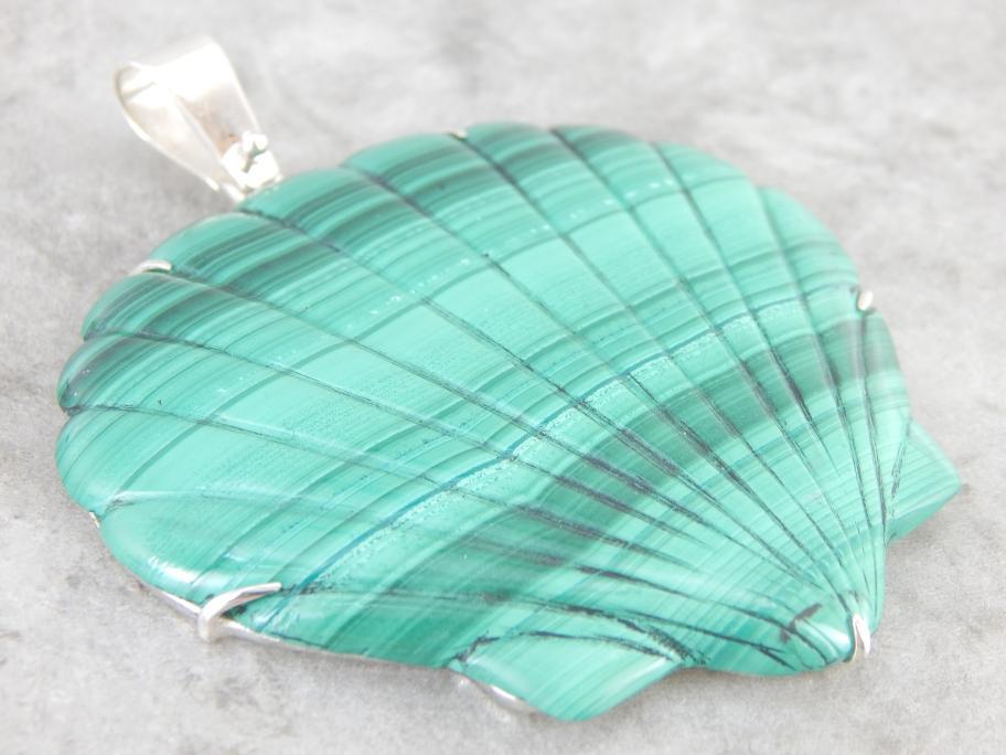 Large Malachite Carved Scallop Shell Pendant