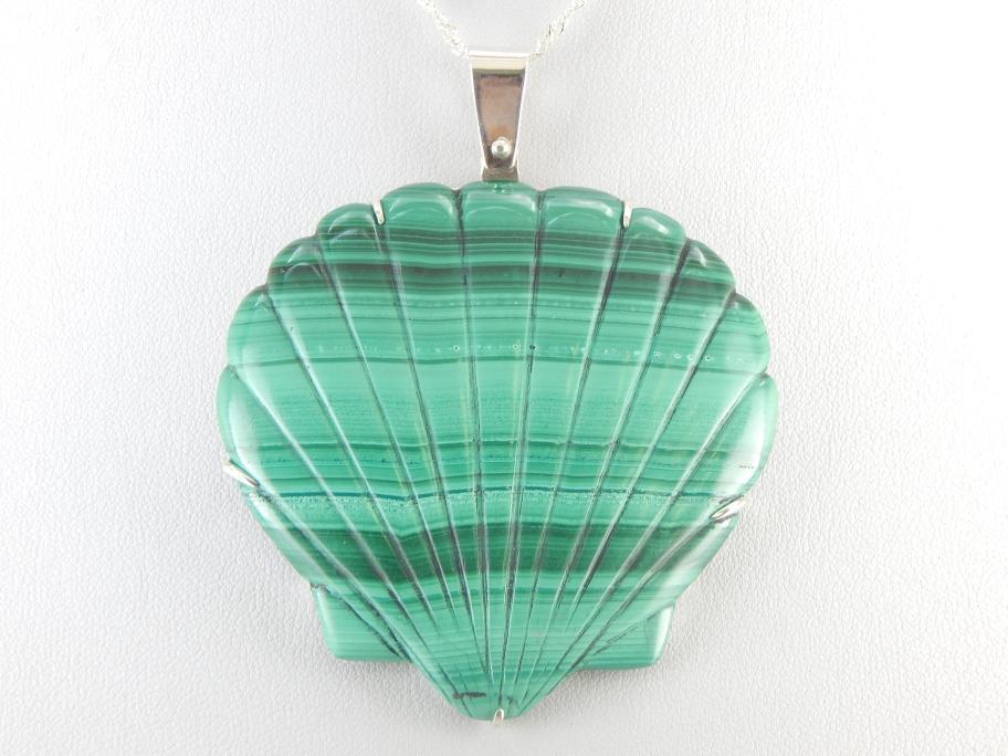 Large Malachite Carved Scallop Shell Pendant