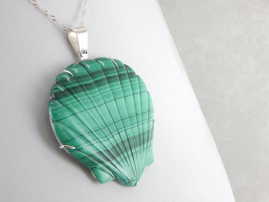 Large Malachite Carved Scallop Shell Pendant