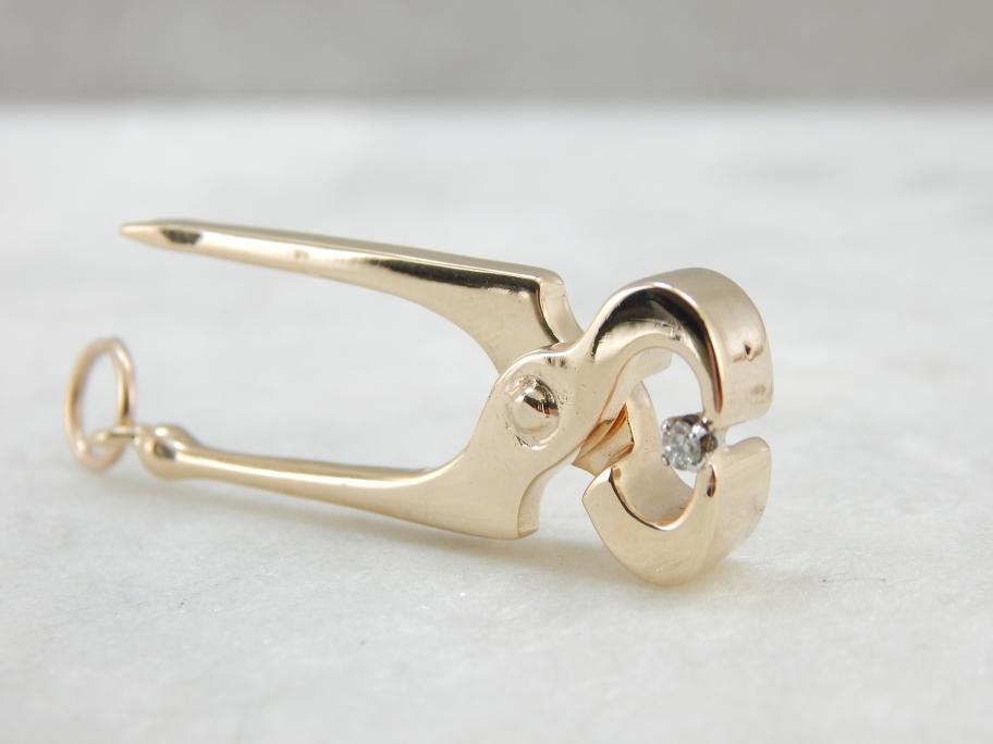 Farriers Tool With Diamond Accent, Hoof Nipper Charm Crafted In Gold