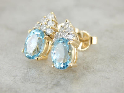 Oval Aquamarine and Diamond Stud Earrings