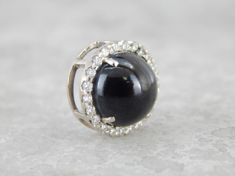 Cat's Eye Sillimanite and Art Deco Diamond Slide Pendant