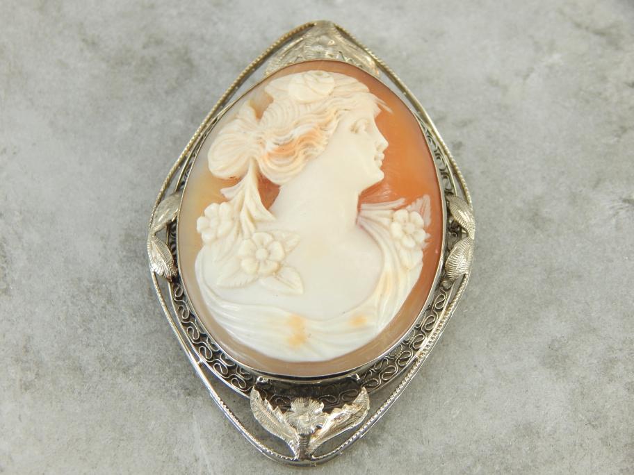 Floral Framed Flower Lady Cameo Pendant or Brooch