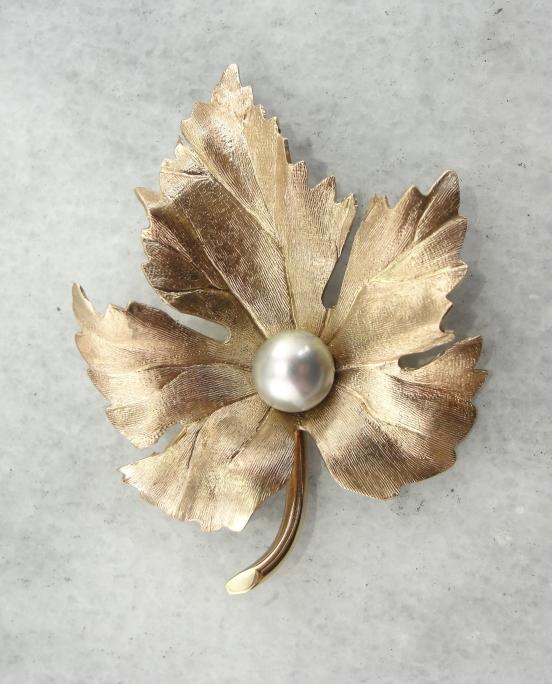 Gold Grape Leaf Brooch with Pearl Center