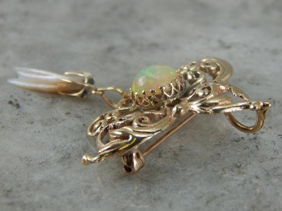 Victorian  Pin with Ethiopian Opal and Pearl Accent