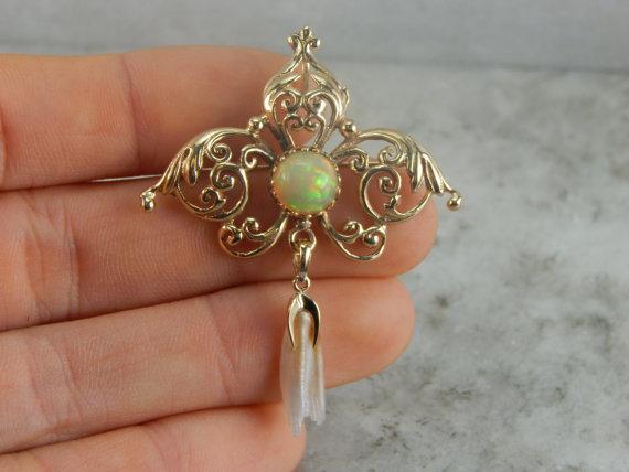 Victorian  Pin with Ethiopian Opal and Pearl Accent