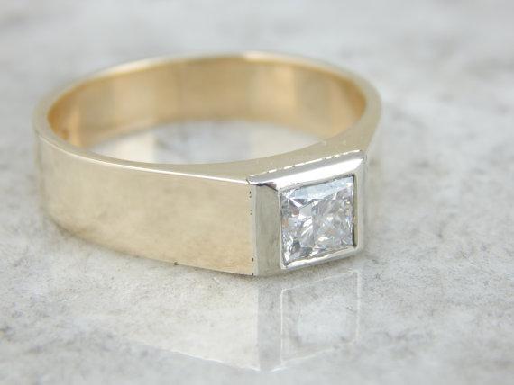 Mens Minimalist Ring with Square Cut Diamond, German Gold