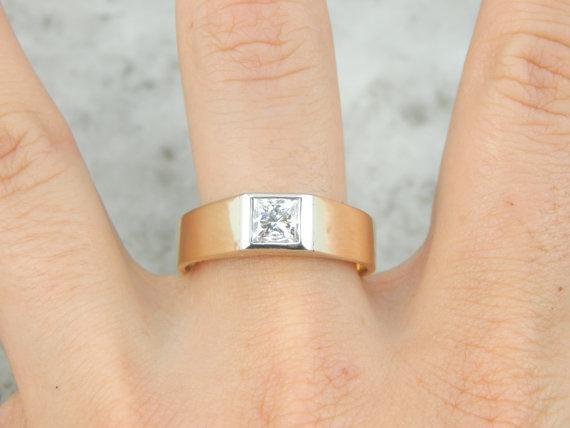 Mens Minimalist Ring with Square Cut Diamond, German Gold