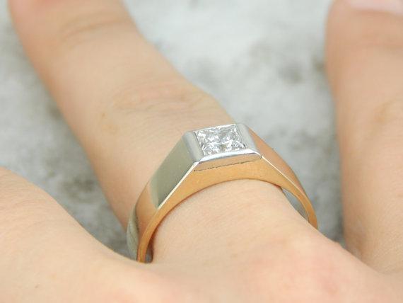 Mens Minimalist Ring with Square Cut Diamond, German Gold