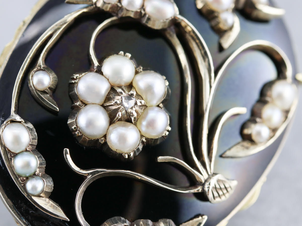 Antique Floral Seed Pearl and Diamond Brooch