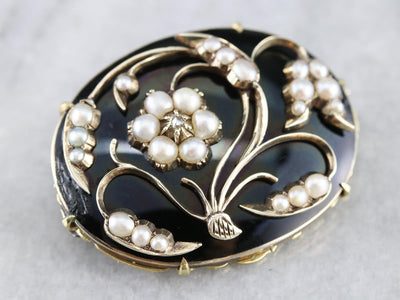 Antique Floral Seed Pearl and Diamond Brooch