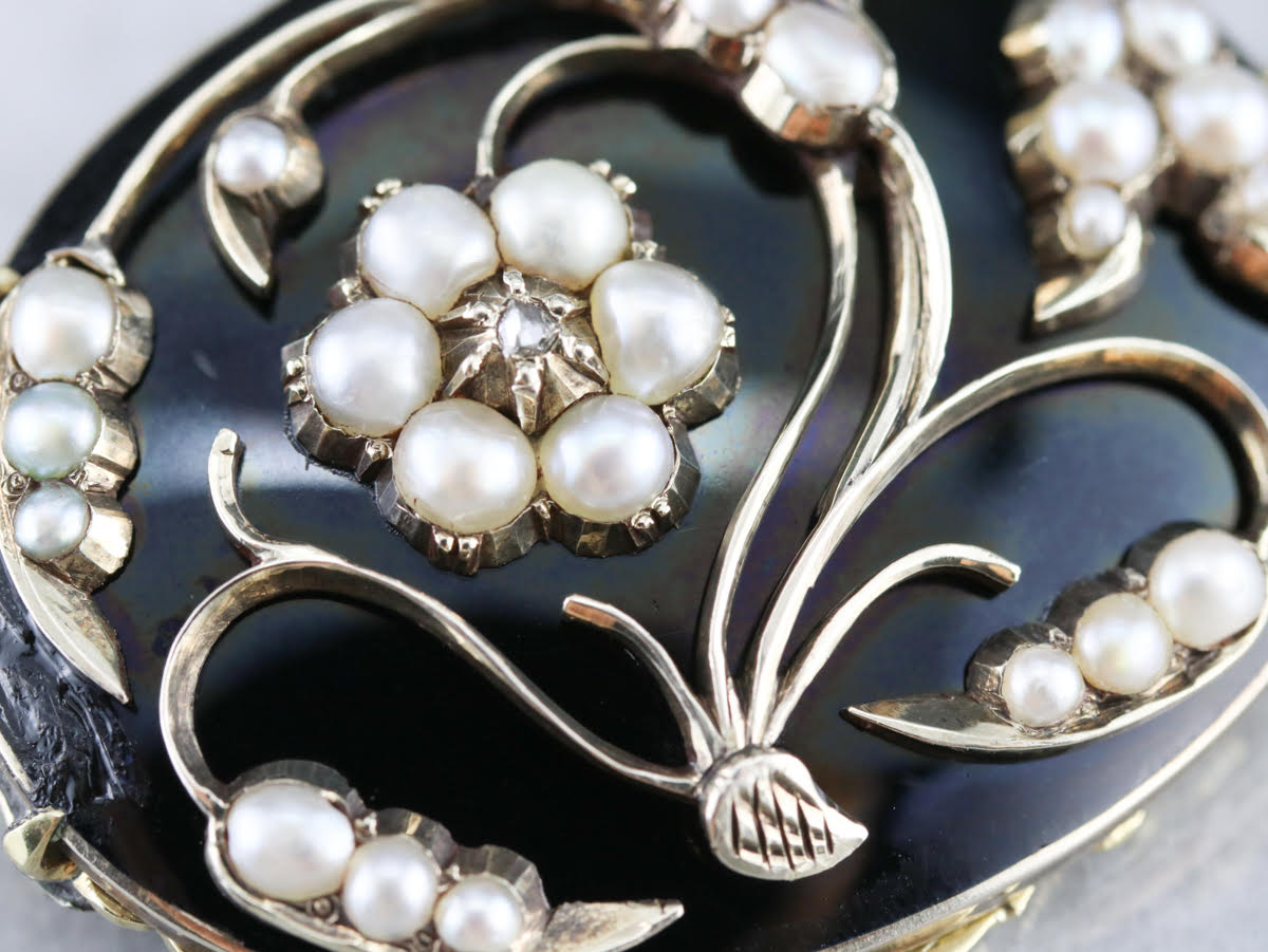 Antique Floral Seed Pearl and Diamond Brooch