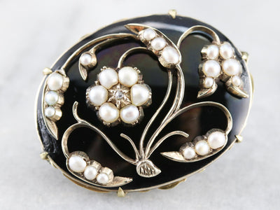 Antique Floral Seed Pearl and Diamond Brooch