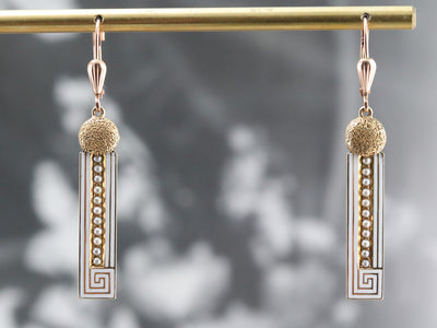 Enamel Greek Key and Seed Pearl Drop Earrings