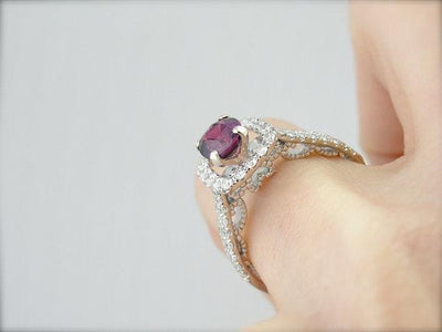 Pink Sapphire Halo Engagement Ring with Hidden Filigree
