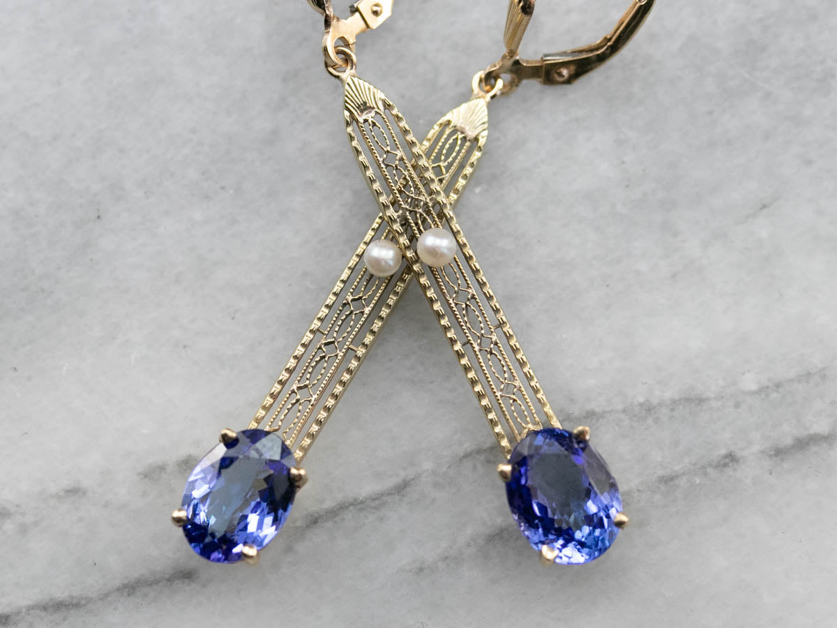 Our Finest Tanzanite and Pearl Filigree Drop Earrings